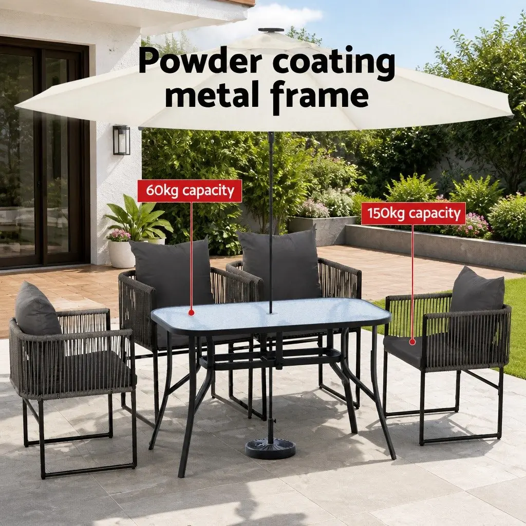 5 Piece Patio Dining Set Glass Table Synthetic Rope Chairs Black Frame Outdoor Furniture
