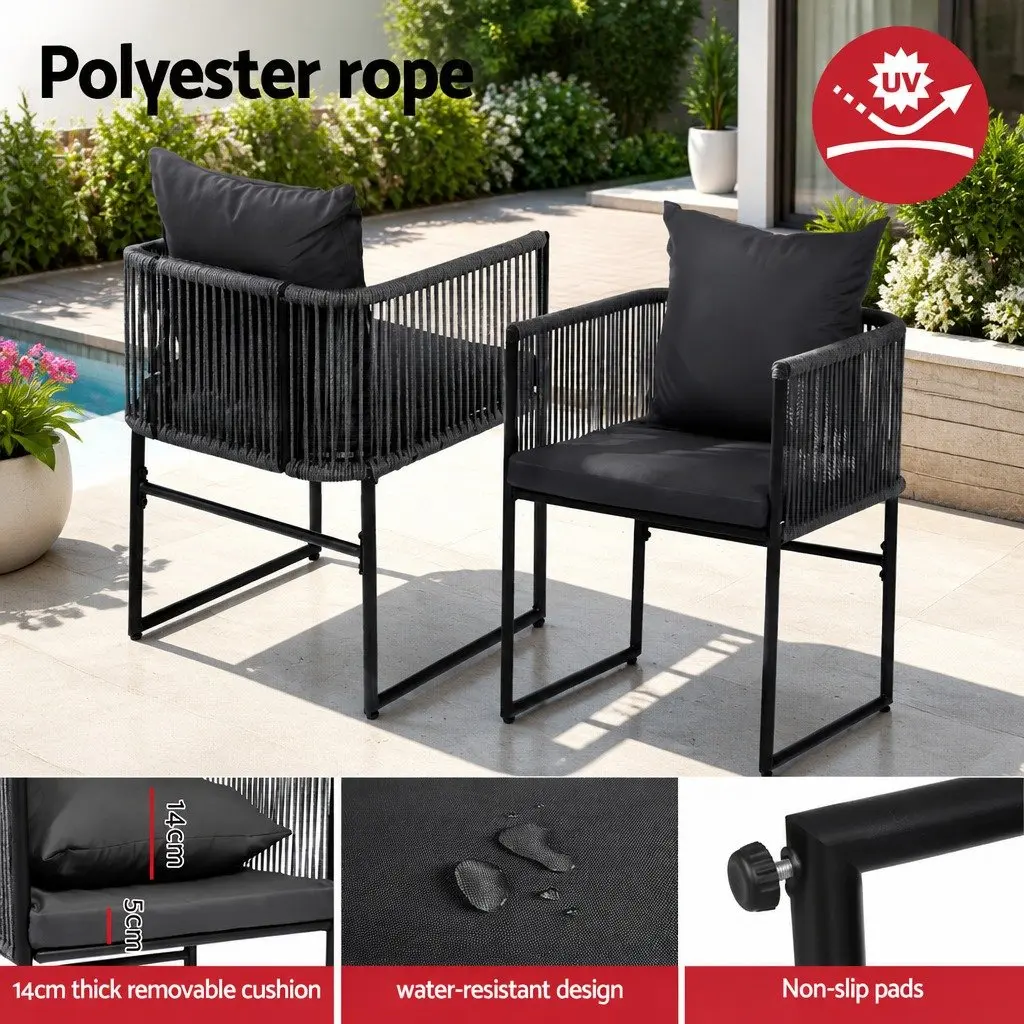 5 Piece Patio Dining Set Glass Table Synthetic Rope Chairs Black Frame Outdoor Furniture