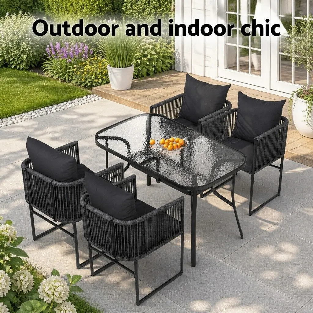 5 Piece Patio Dining Set Glass Table Synthetic Rope Chairs Black Frame Outdoor Furniture