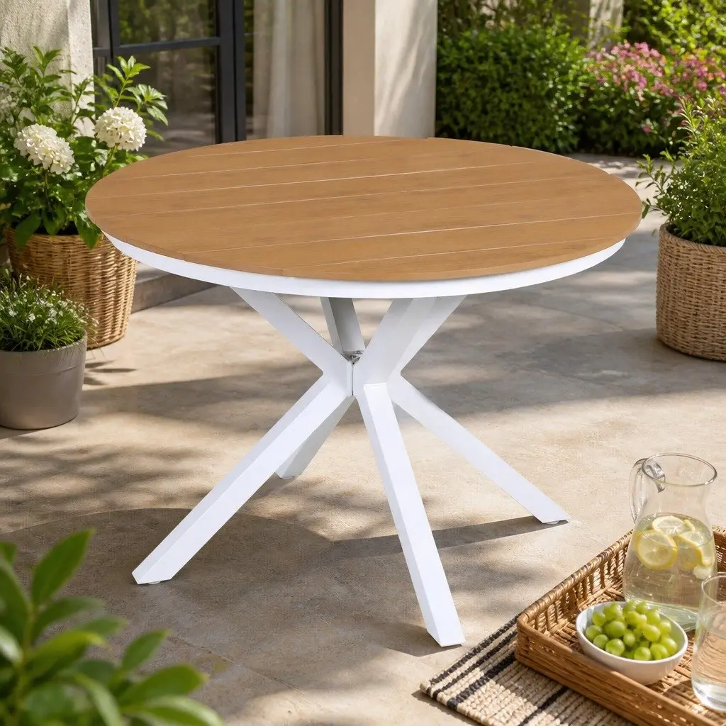 Round Outdoor Dining Table 108CM White WPC Top Aluminum Frame