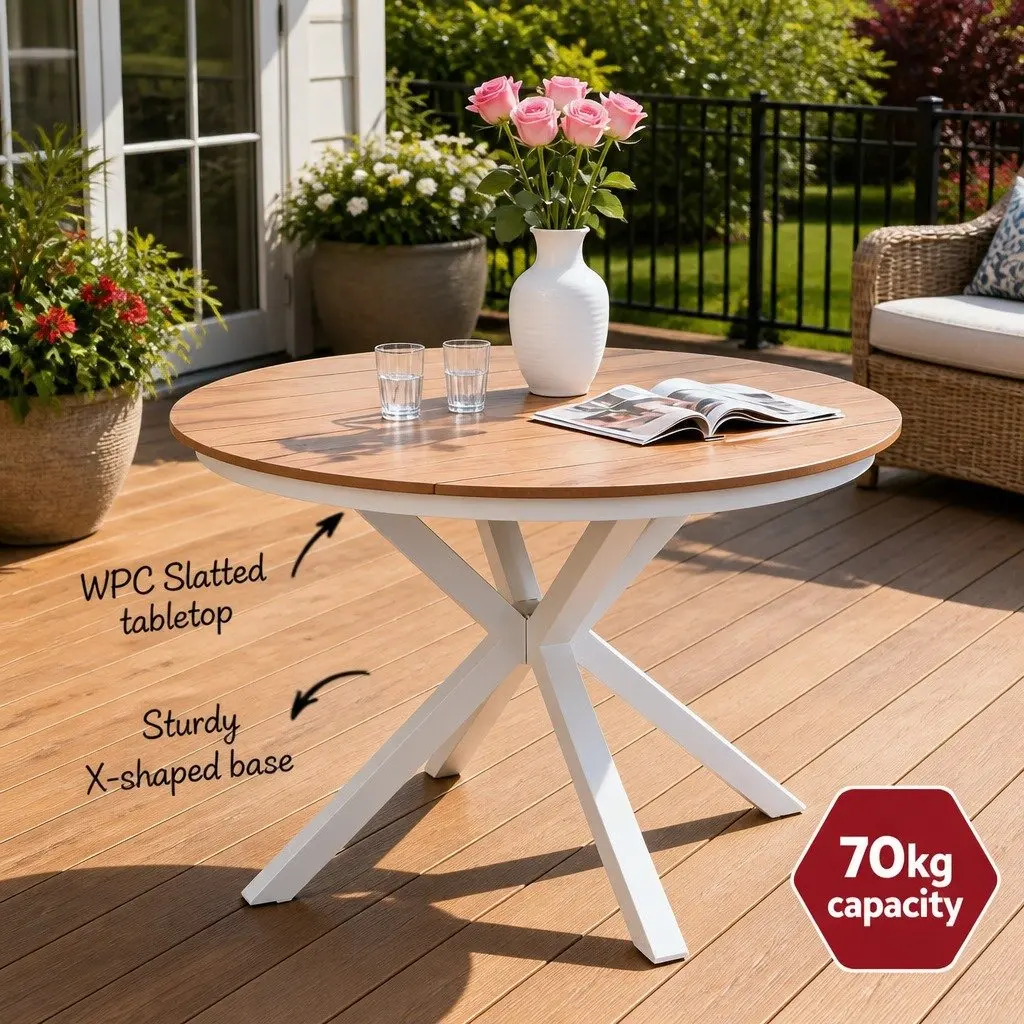 Round Outdoor Dining Table 108CM White WPC Top Aluminum Frame