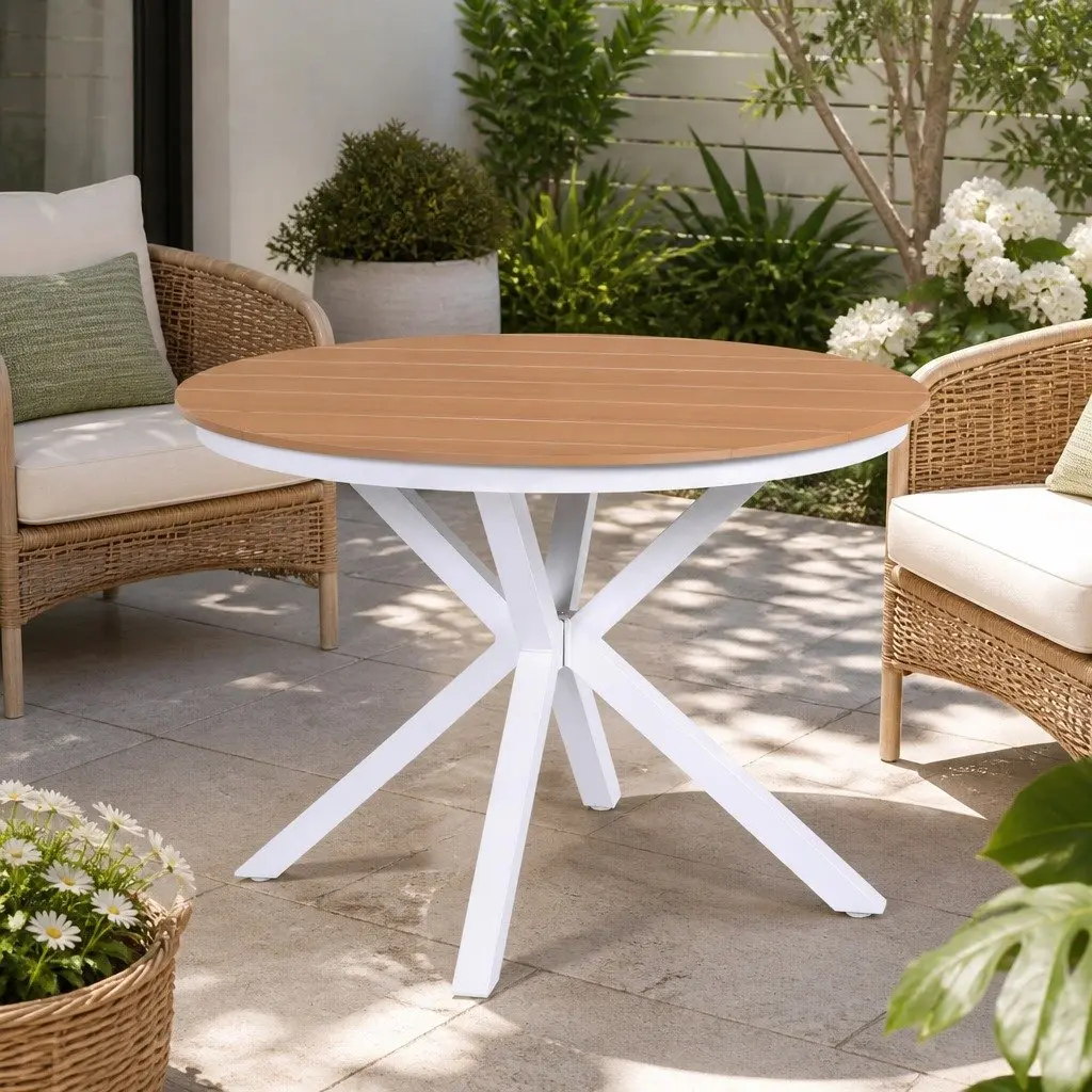 Round Outdoor Dining Table 108CM White WPC Top Aluminum Frame