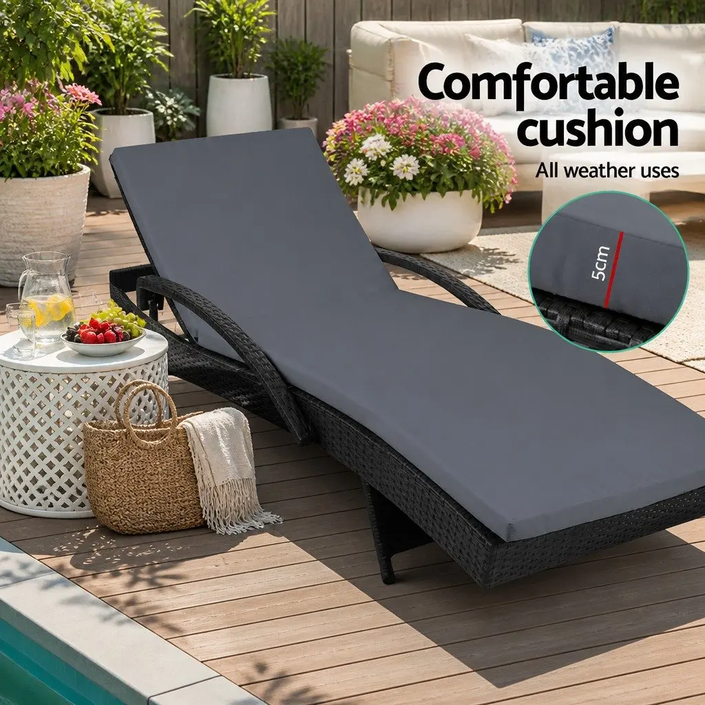 Outdoor Sun Lounge Wicker Lounger Adjustable 2PC Black Grey