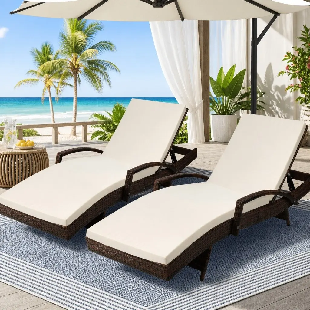 2PC Outdoor Sun Lounge Chair Adjustable Backrest Beach Patio Lounger Brown Beige