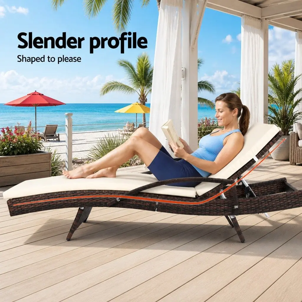 2PC Outdoor Sun Lounge Chair Adjustable Backrest Beach Patio Lounger Brown Beige