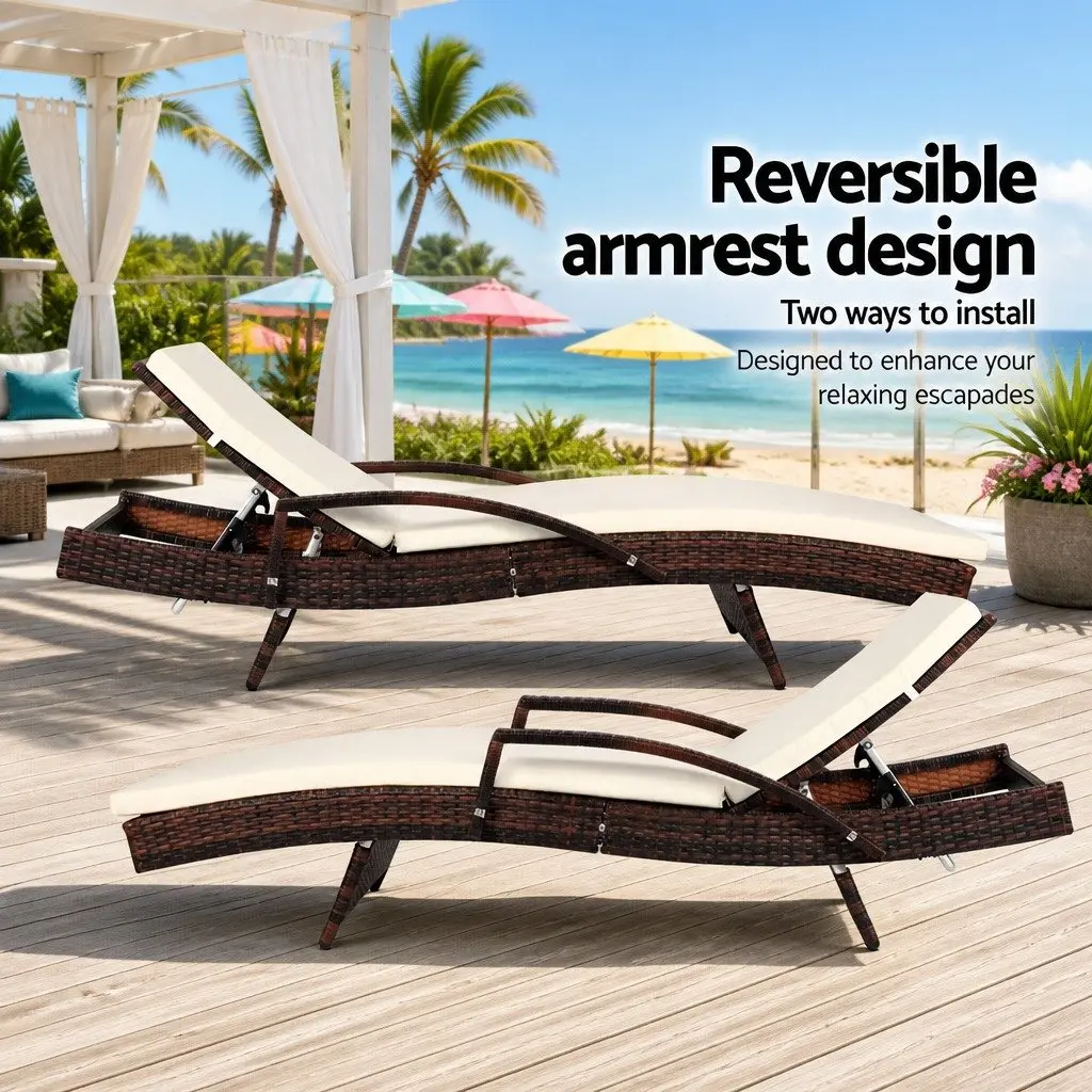 2PC Outdoor Sun Lounge Chair Adjustable Backrest Beach Patio Lounger Brown Beige