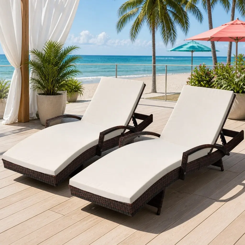 2PC Outdoor Sun Lounge Chair Adjustable Backrest Beach Patio Lounger Brown Beige