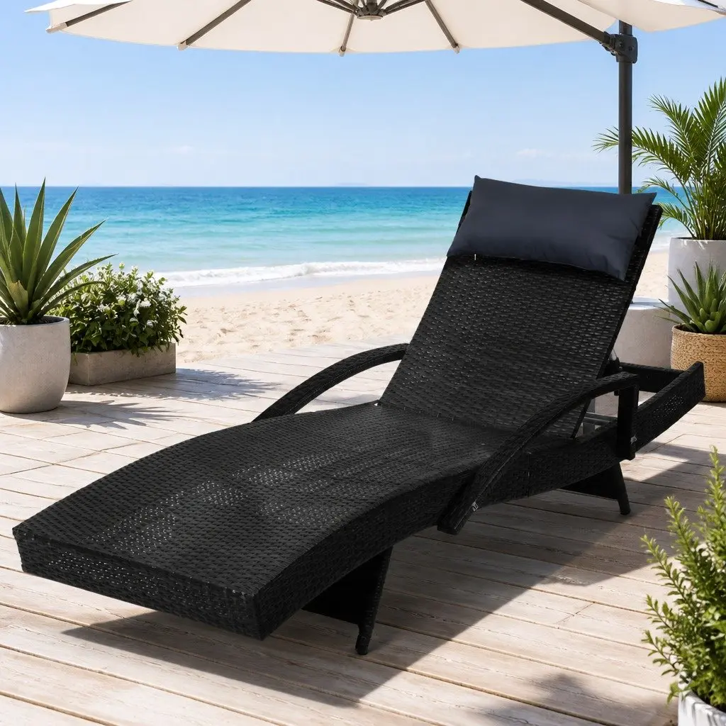 Sun Lounge Chair Adjustable Backrest Outdoor Wicker Lounger Black