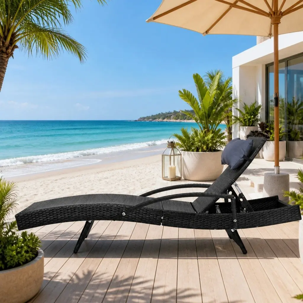 Sun Lounge Chair Adjustable Backrest Outdoor Wicker Lounger Black