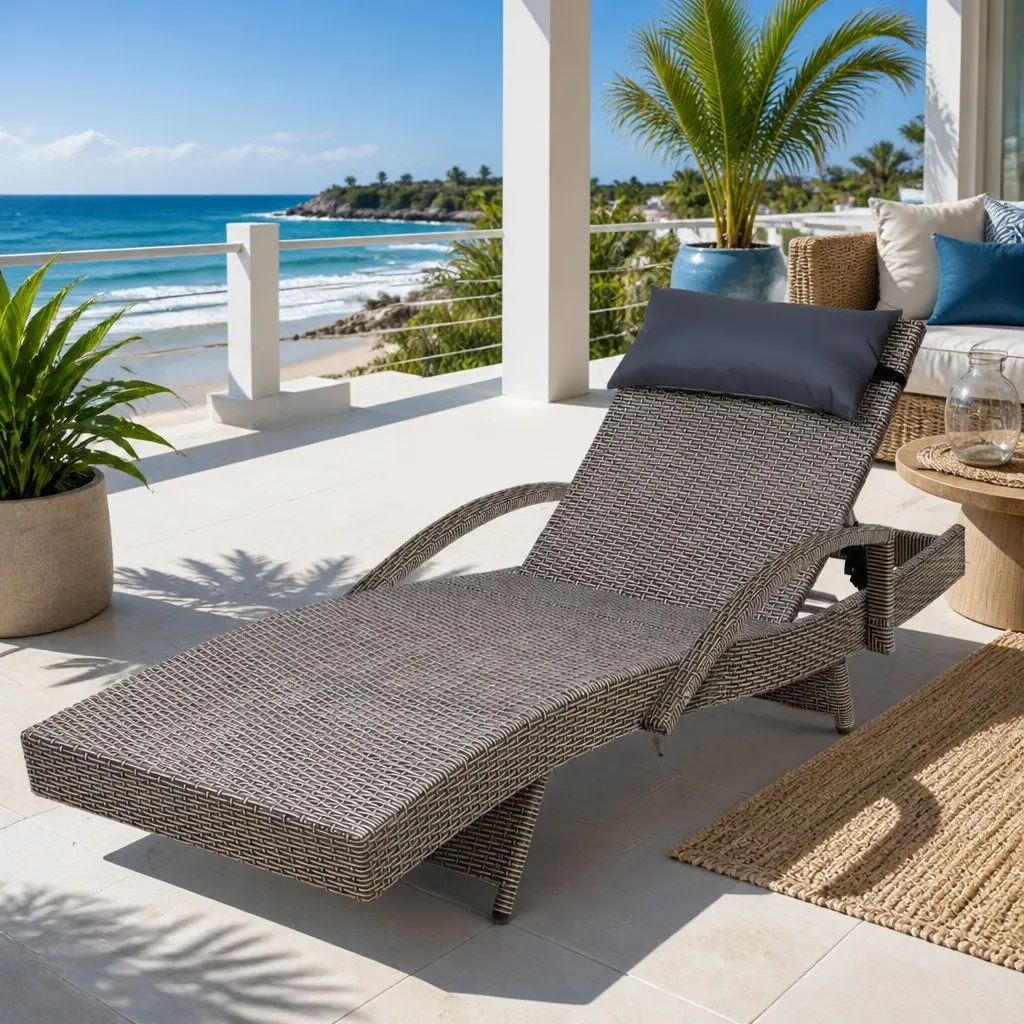 Grey Beige Outdoor Lounge with Headrest