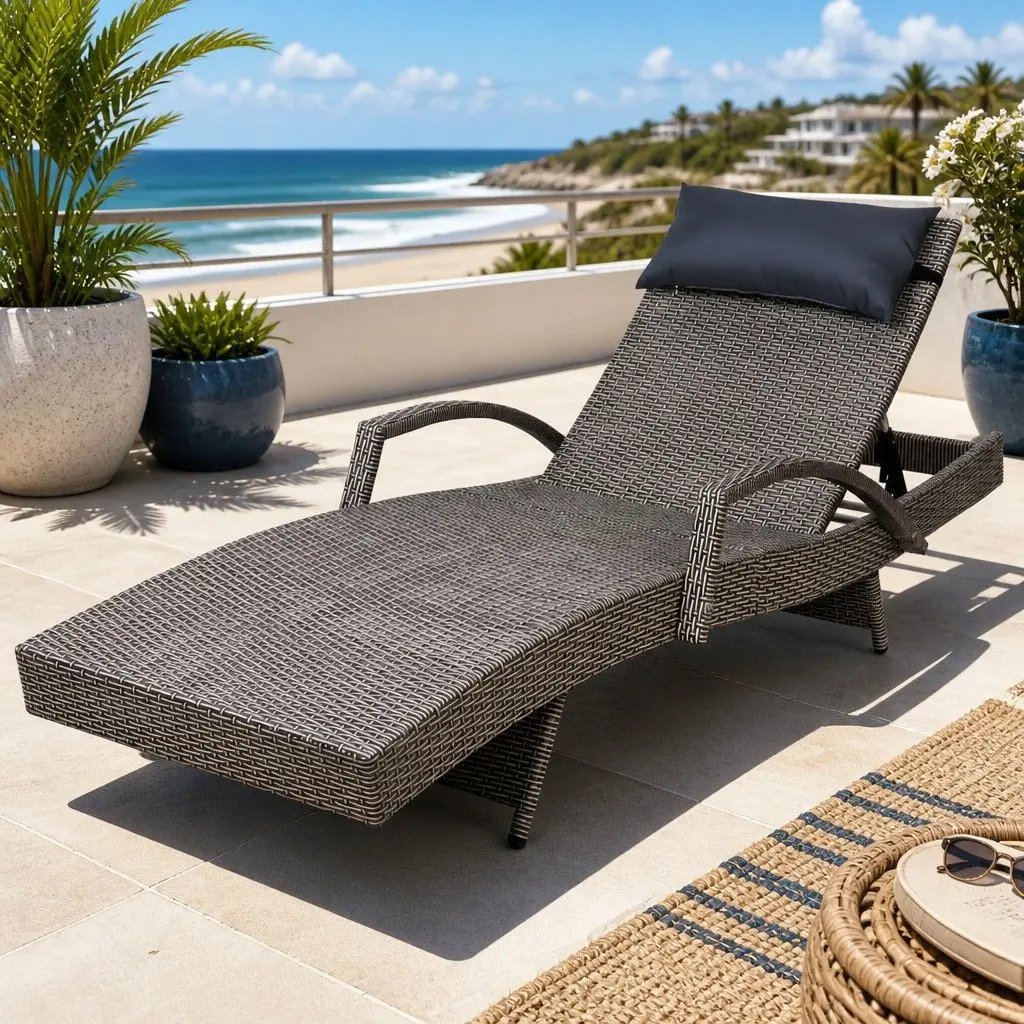Grey Beige Outdoor Lounge with Headrest