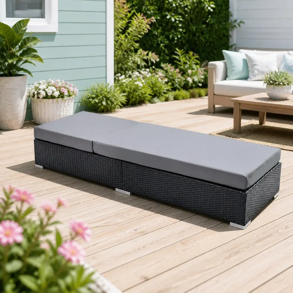 Wicker Sun Lounge Outdoor Furniture Adjustable Lounger Daybed with Cushion Black 185cm x 60cm x 28cm