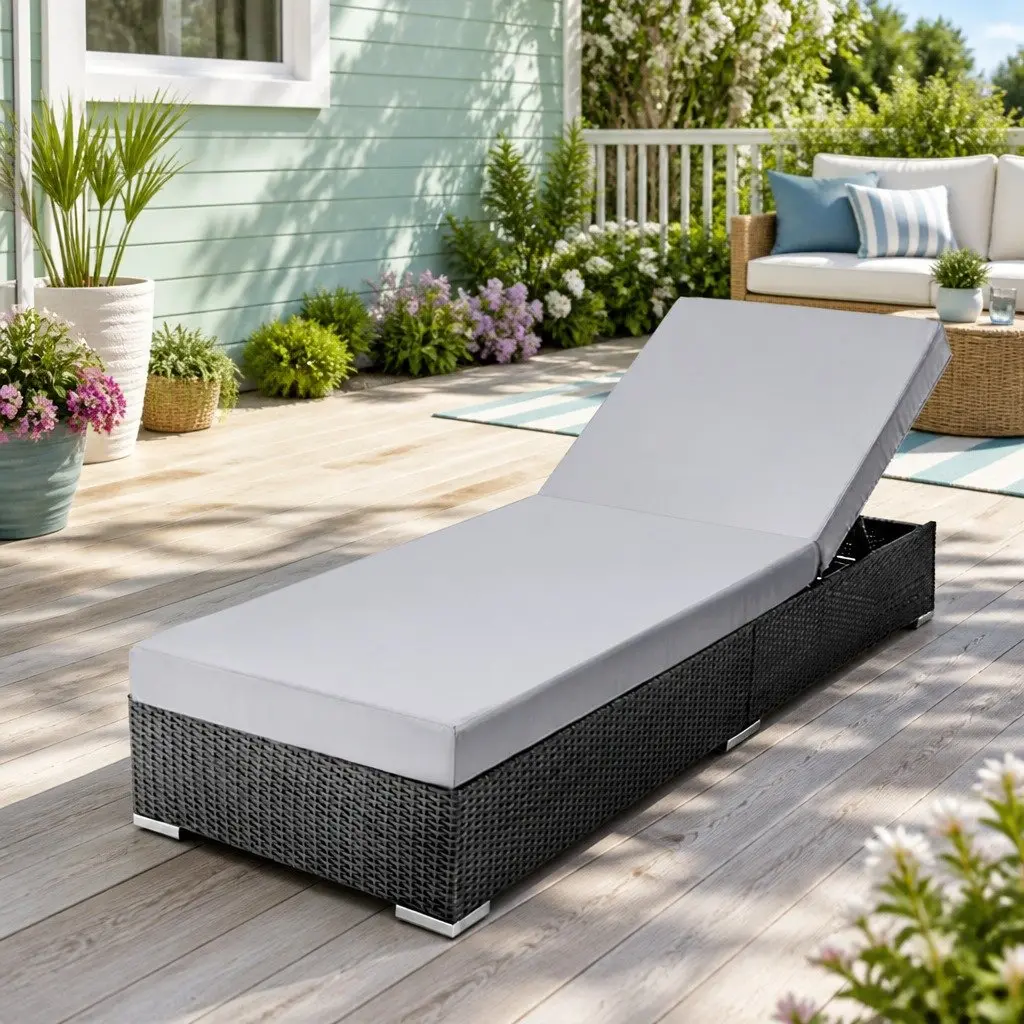 Wicker Sun Lounge Outdoor Furniture Adjustable Lounger Daybed with Cushion Black 185cm x 60cm x 28cm