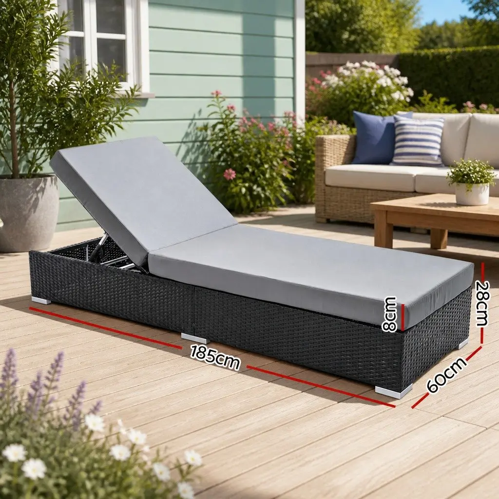 Wicker Sun Lounge Outdoor Furniture Adjustable Lounger Daybed with Cushion Black 185cm x 60cm x 28cm