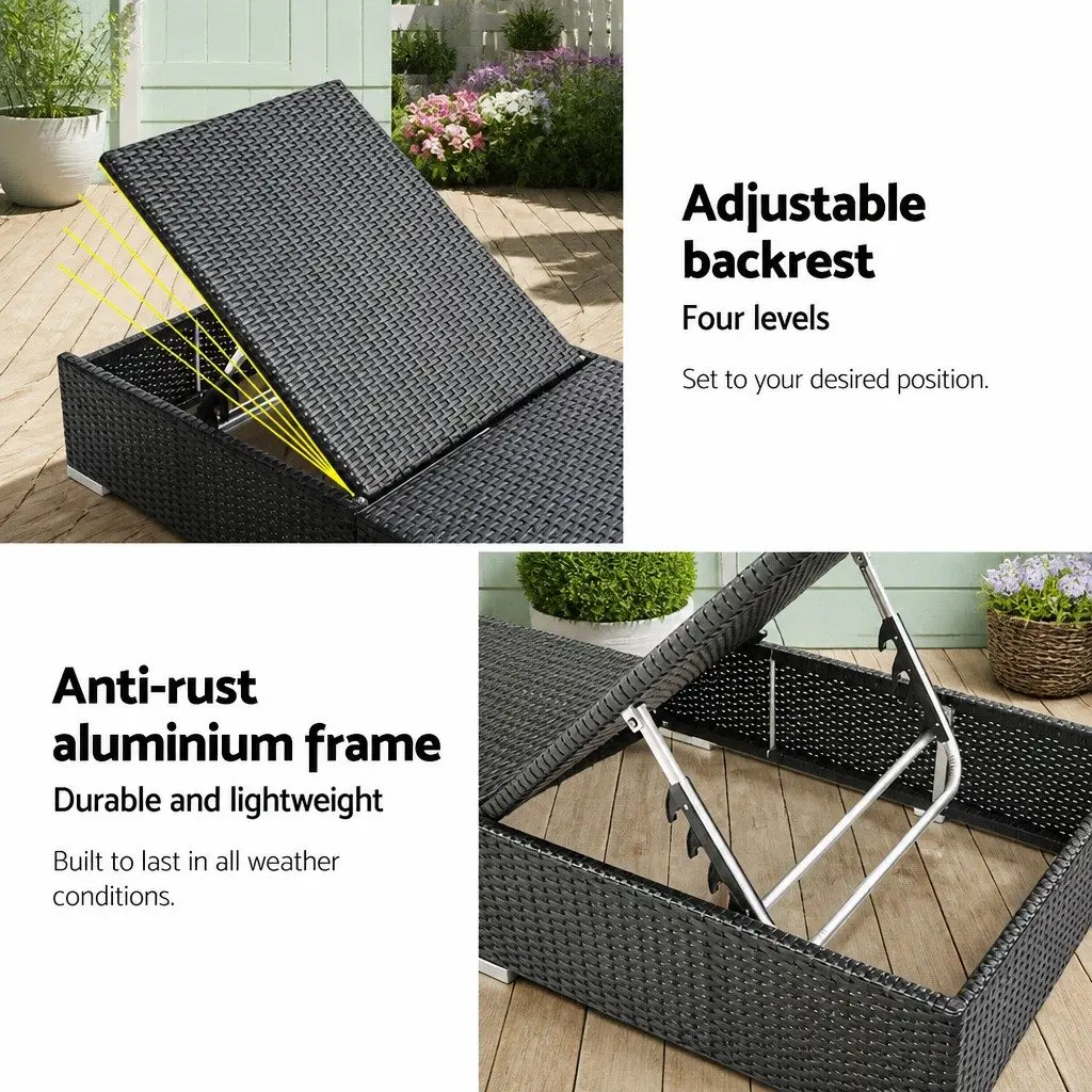 Wicker Sun Lounge Outdoor Furniture Adjustable Lounger Daybed with Cushion Black 185cm x 60cm x 28cm