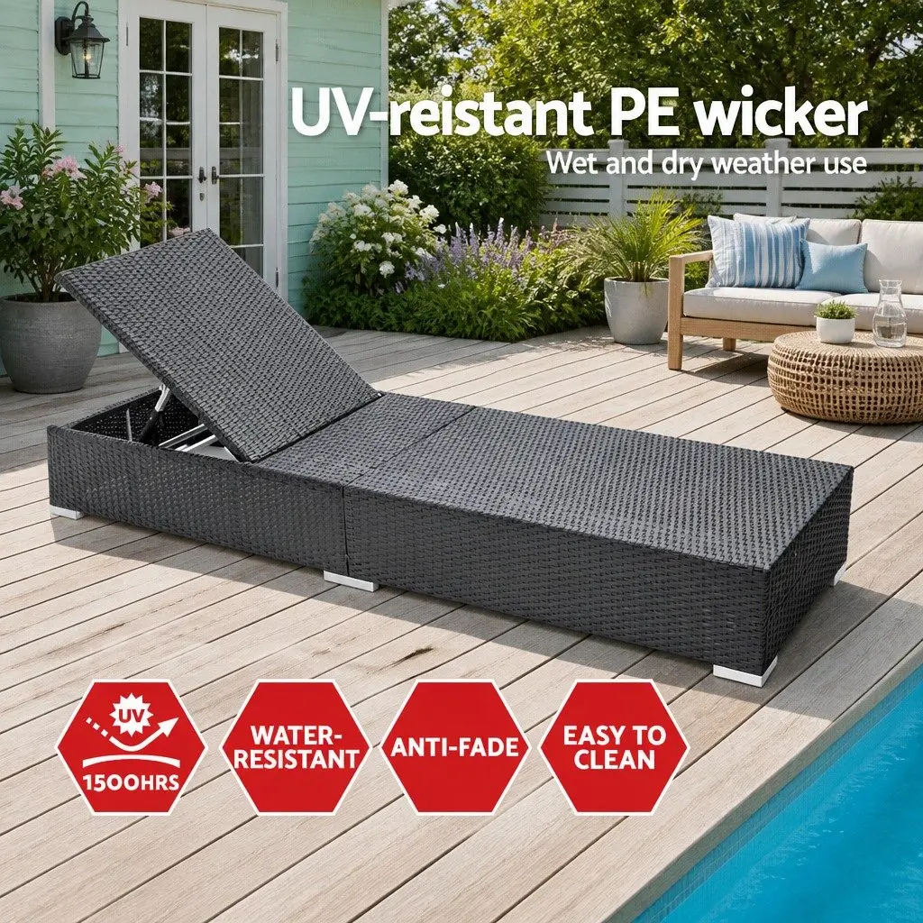 Wicker Sun Lounge Outdoor Furniture Adjustable Lounger Daybed with Cushion Black 185cm x 60cm x 28cm