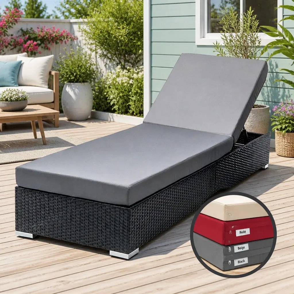 Wicker Sun Lounge Outdoor Furniture Adjustable Lounger Daybed with Cushion Black 185cm x 60cm x 28cm