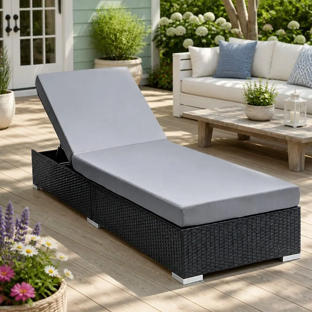 Wicker Sun Lounge Outdoor Furniture Adjustable Lounger Daybed with Cushion Black 185cm x 60cm x 28cm
