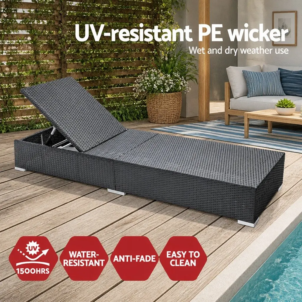 3PC Outdoor Sun Lounge Set Rattan Garden Furniture Adjustable Black Lounger