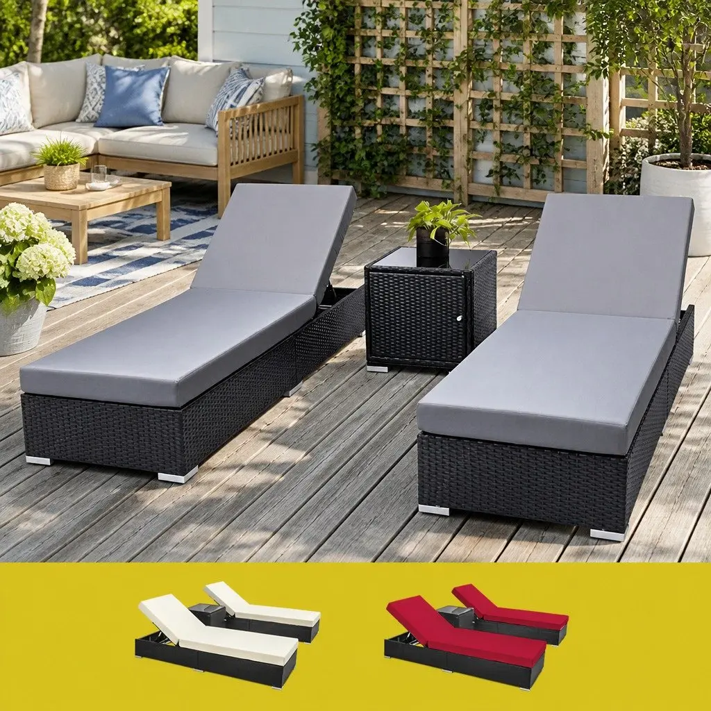 3PC Outdoor Sun Lounge Set Rattan Garden Furniture Adjustable Black Lounger