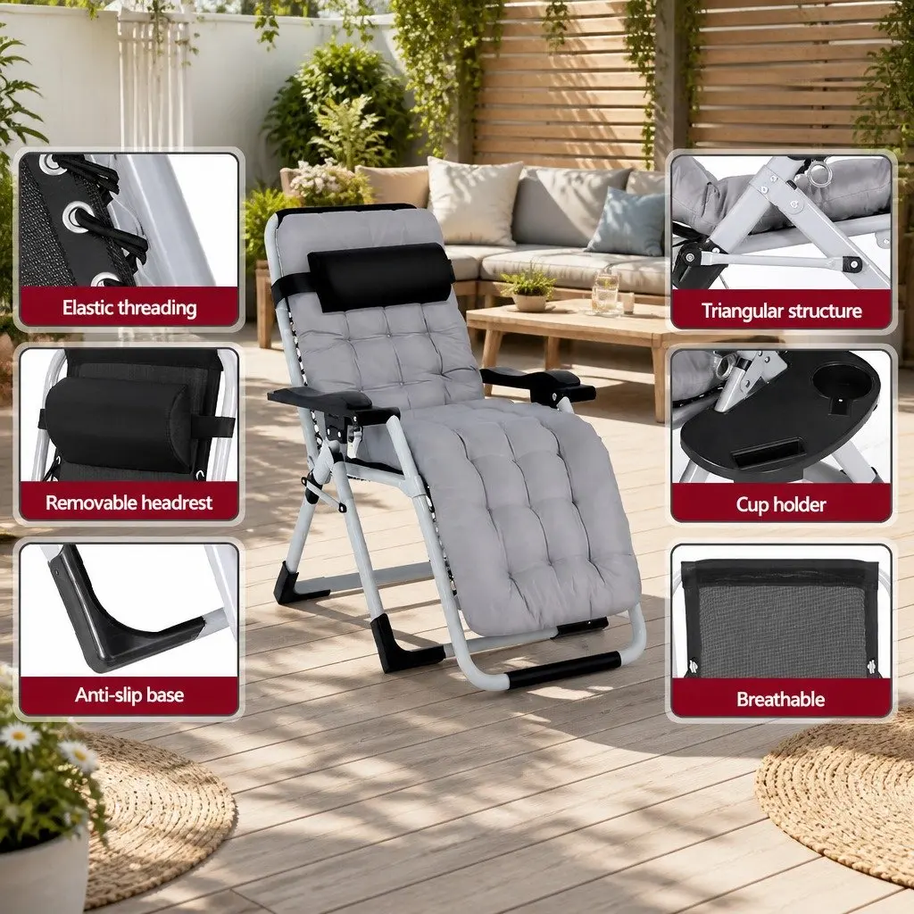Folding Sun Lounger Reclining Outdoor Lounge Chair Adjustable Backrest Black