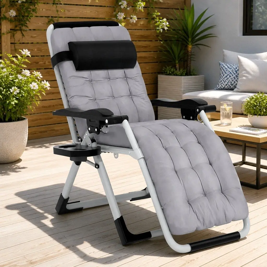 Folding Sun Lounger Reclining Outdoor Lounge Chair Adjustable Backrest Black