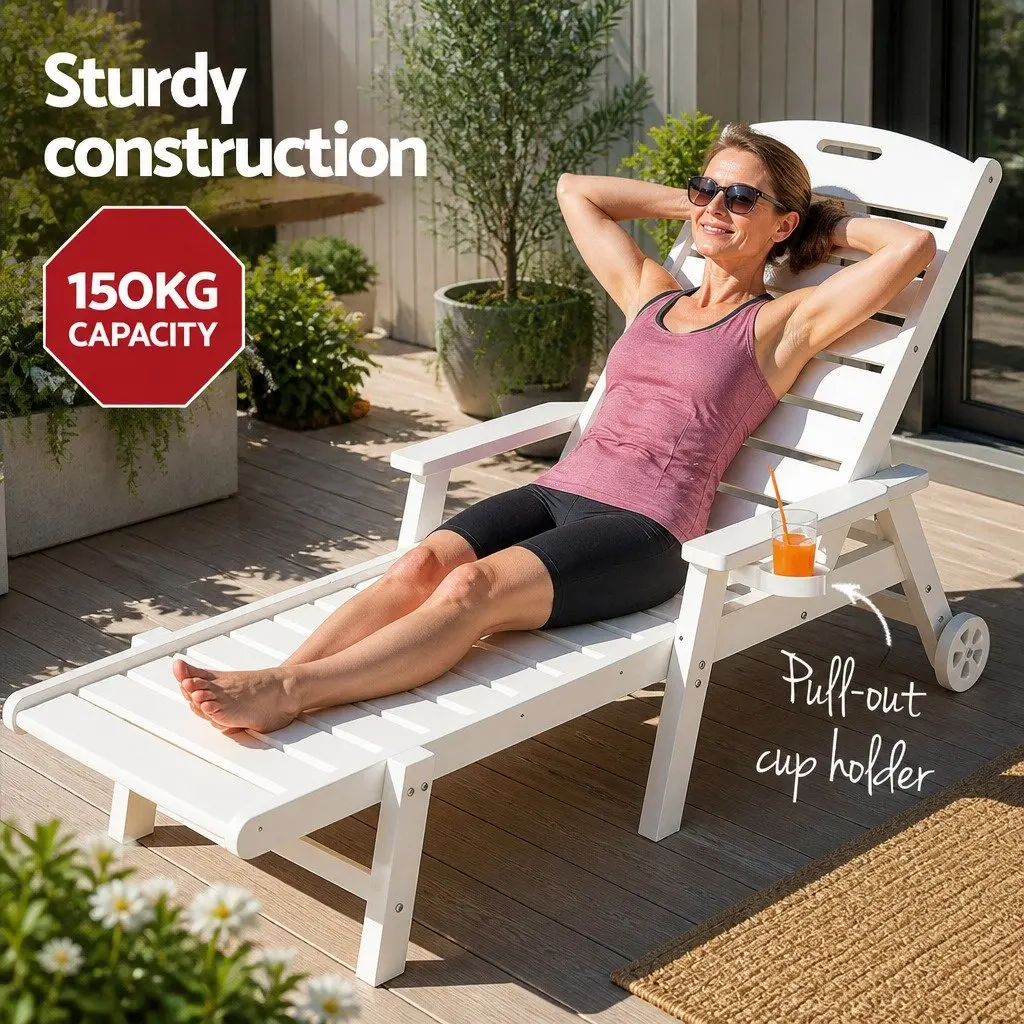 Adjustable Sun Lounger Outdoor Chair with Wheels and Cup Holder 4 Position White