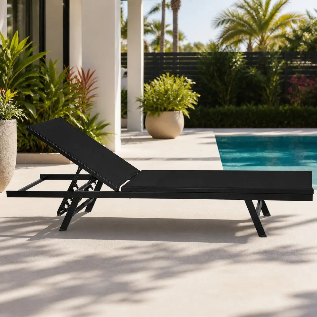 Outdoor Sun Lounger Adjustable Steel Frame Beach Chair Black