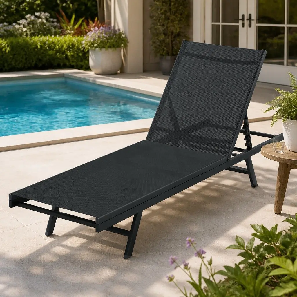 Outdoor Sun Lounger Adjustable Steel Frame Beach Chair Black
