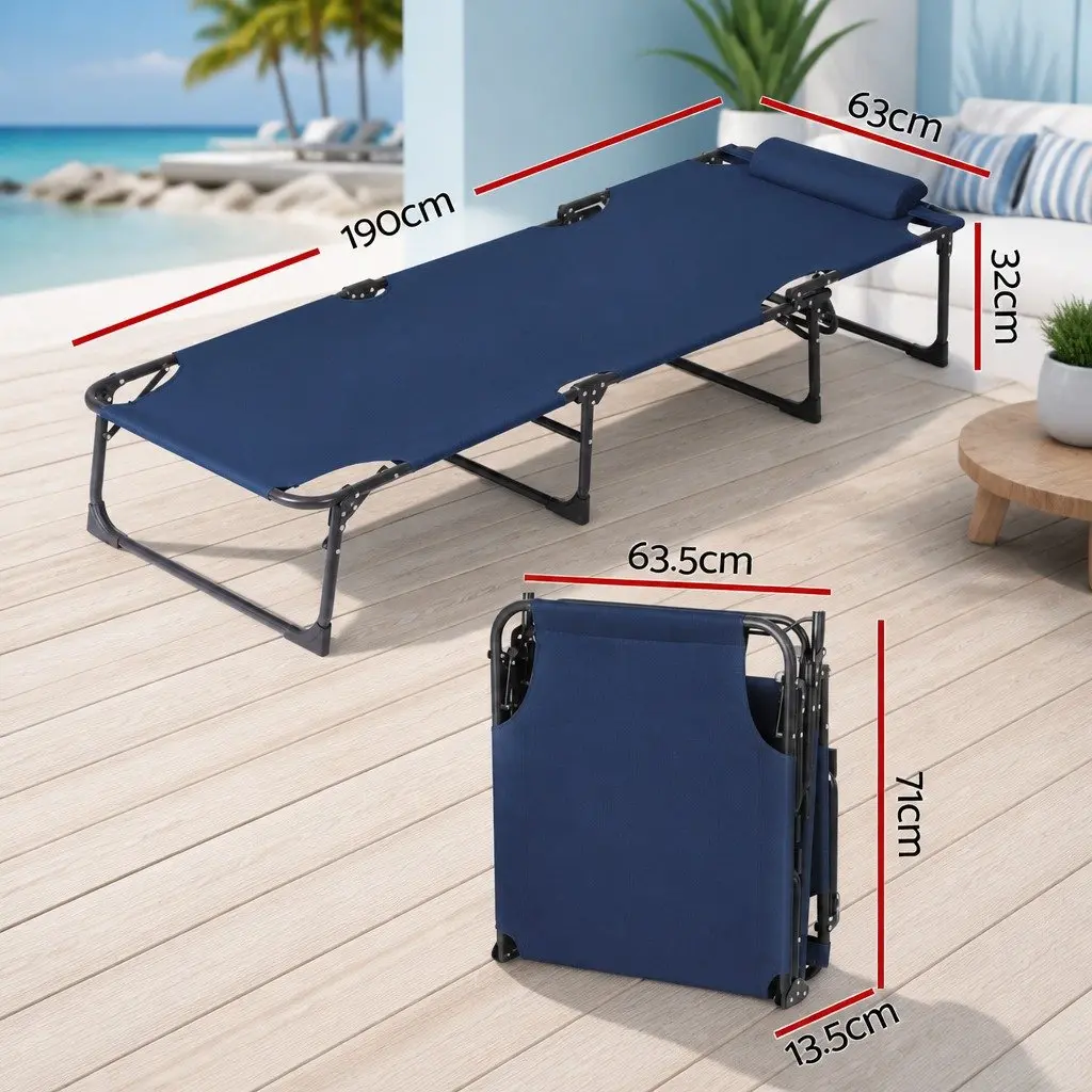 Folding Beach Chair Sun Lounger 4-Position Adjustable Backrest Blue Outdoor