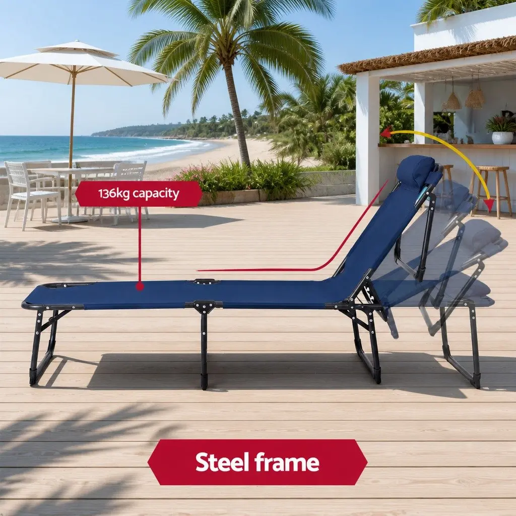 Folding Beach Chair Sun Lounger 4-Position Adjustable Backrest Blue Outdoor