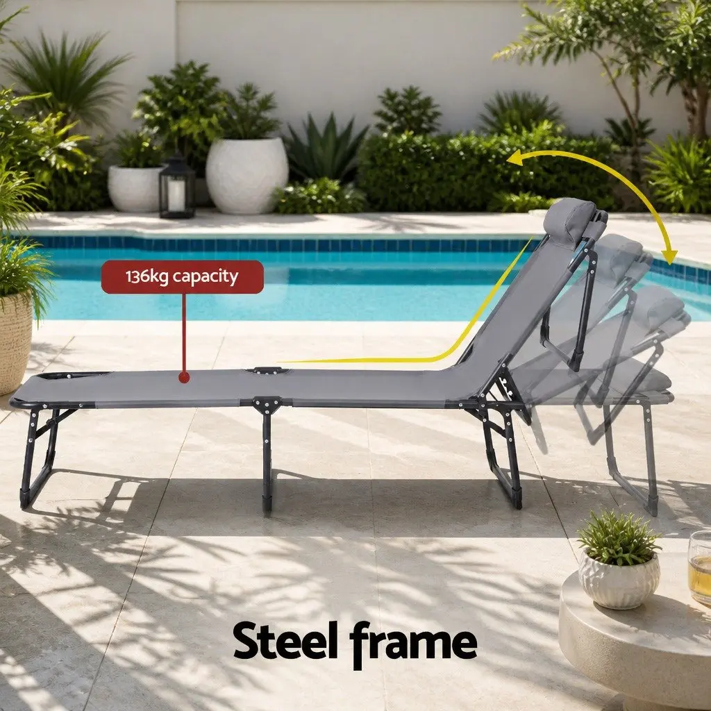 Folding Beach Chair Outdoor Lounge Furniture 4-Position Adjustable Backrest Grey