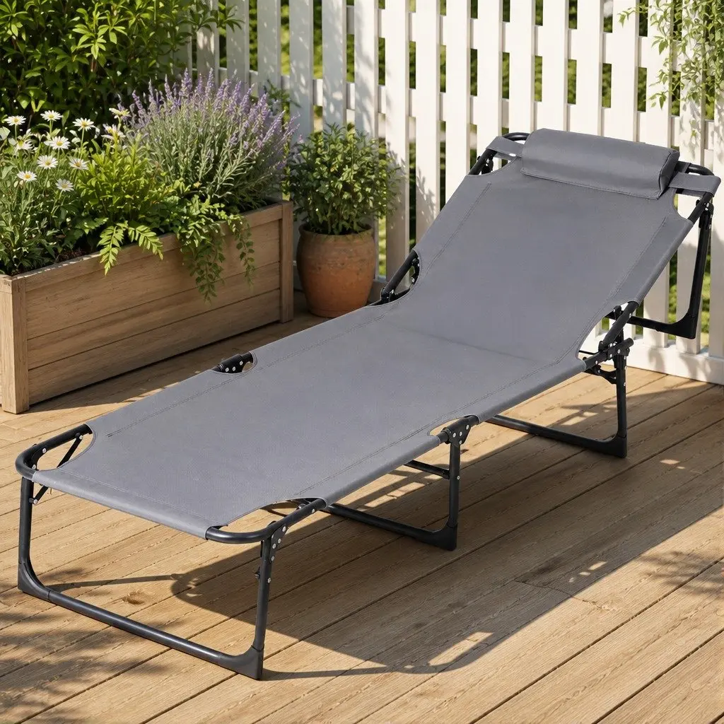 Folding Beach Chair Outdoor Lounge Furniture 4-Position Adjustable Backrest Grey