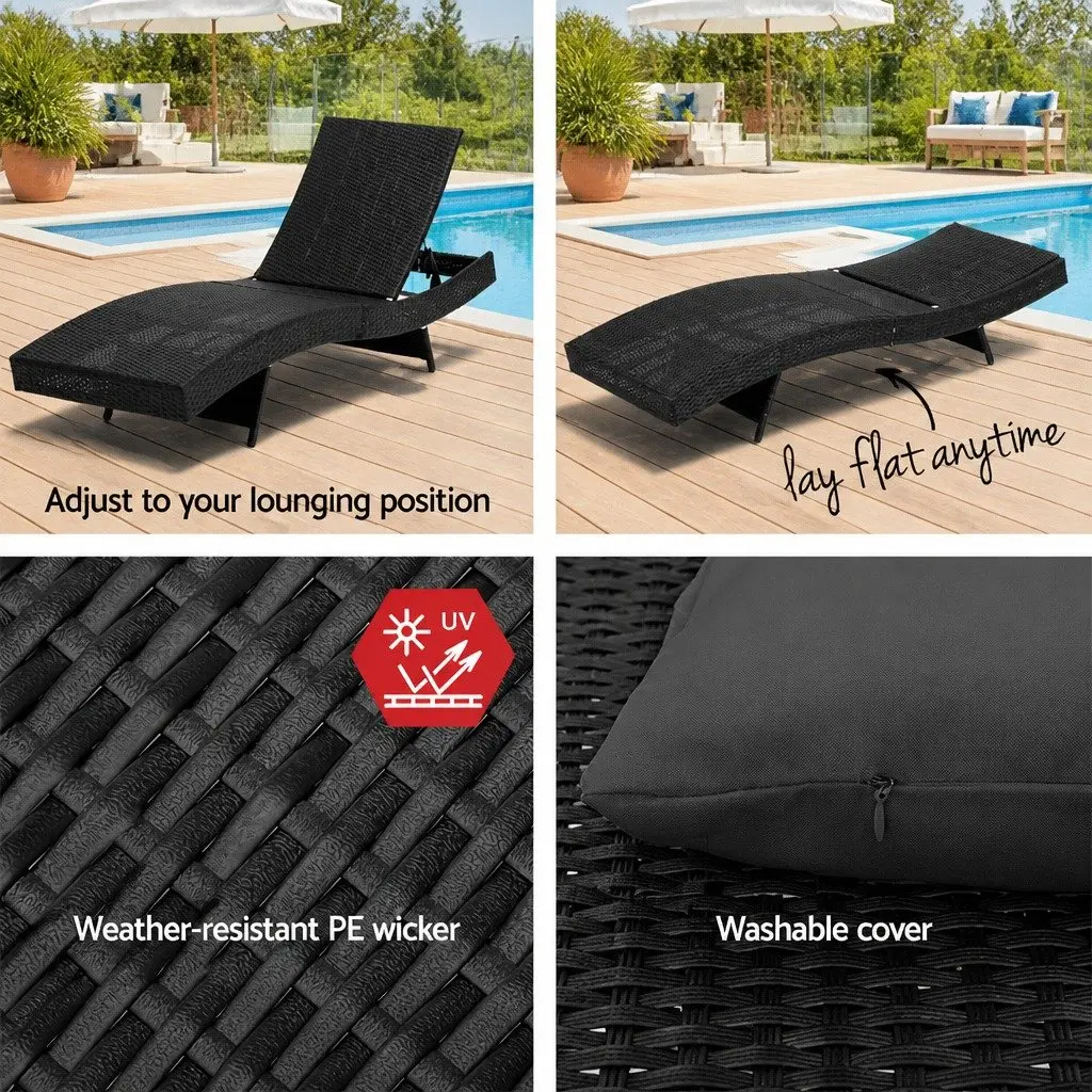 Sun Lounge Chair Outdoor Wicker Lounger Adjustable 2PC Garden Furniture Black Grey