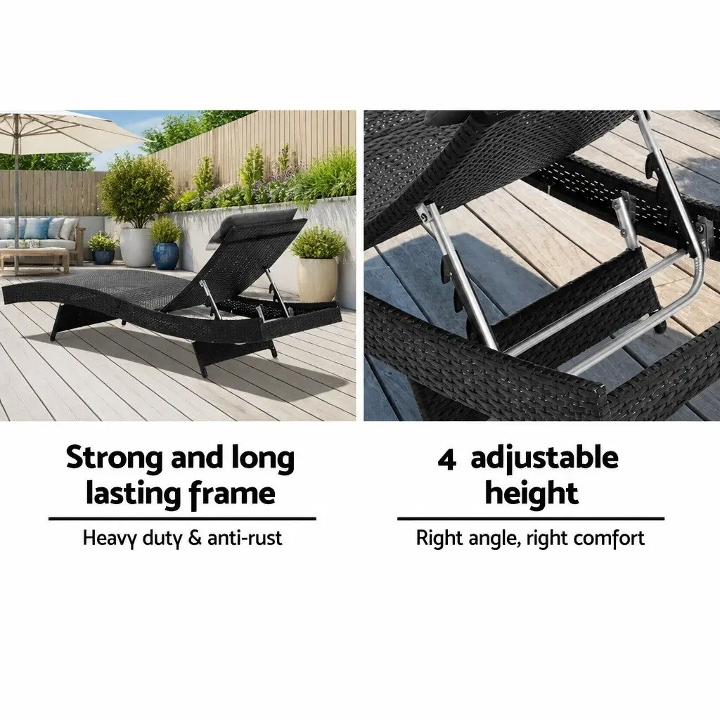 Sun Lounge Chair Outdoor Wicker Lounger Adjustable 2PC Garden Furniture Black Grey