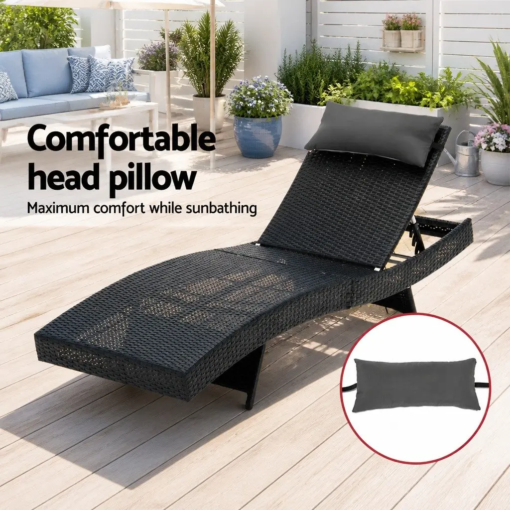 Sun Lounge Chair Outdoor Wicker Lounger Adjustable 2PC Garden Furniture Black Grey