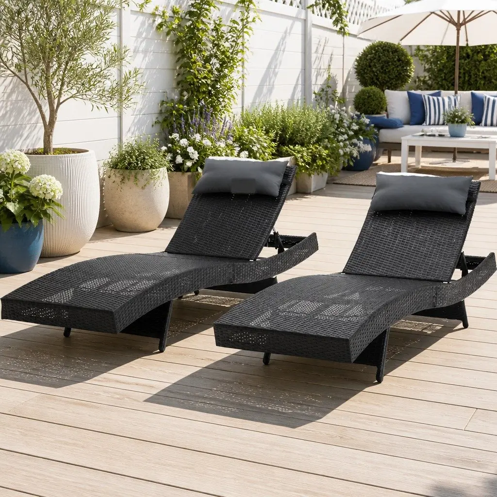 Sun Lounge Chair Outdoor Wicker Lounger Adjustable 2PC Garden Furniture Black Grey