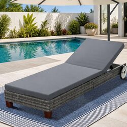 Outdoor Sun Lounge Wicker Lounger Daybed with Wheels Adjustable Backrest Grey