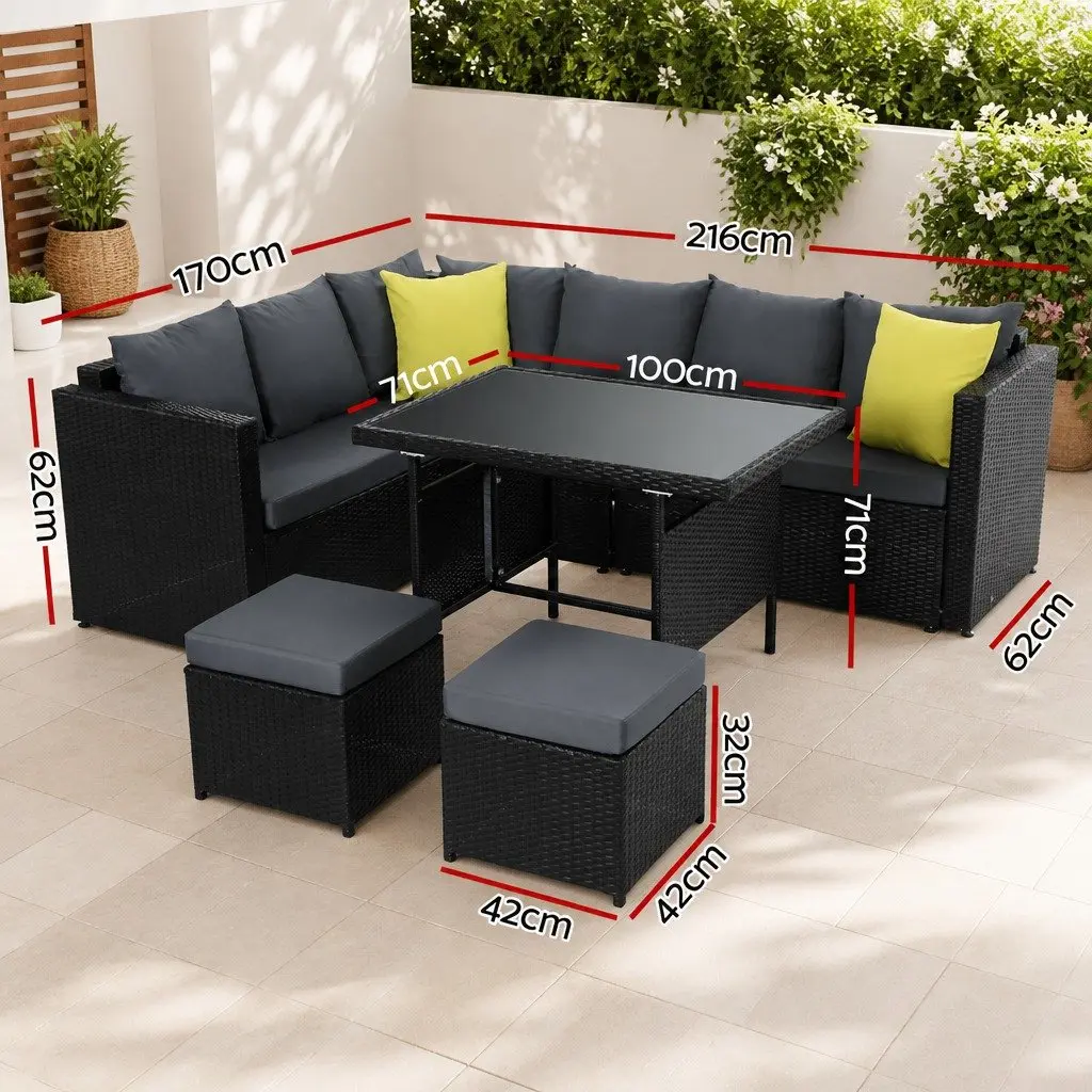 Outdoor Dining Sofa Set Black Wicker Aluminum Frame Table Chairs Lounge