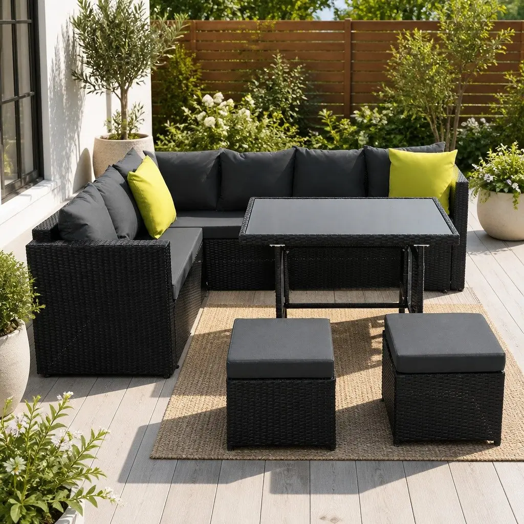 Outdoor Dining Sofa Set Black Wicker Aluminum Frame Table Chairs Lounge