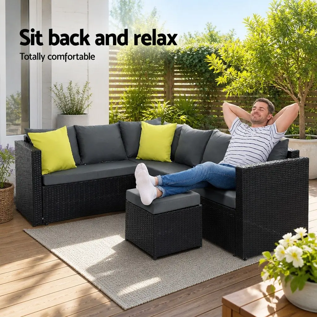 Outdoor Dining Sofa Set Black Wicker Aluminum Frame Table Chairs Lounge