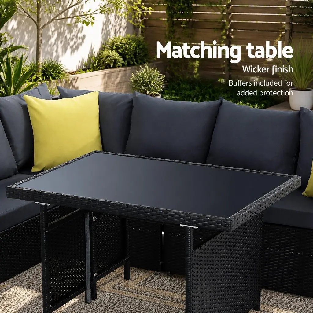 Outdoor Dining Sofa Set Black Wicker Aluminum Frame Table Chairs Lounge