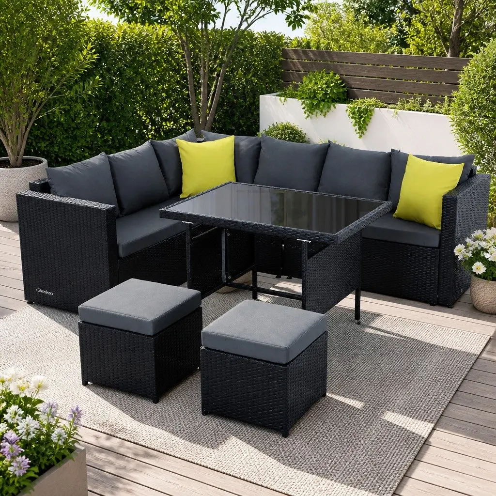 Outdoor Dining Sofa Set Black Wicker Aluminum Frame Table Chairs Lounge