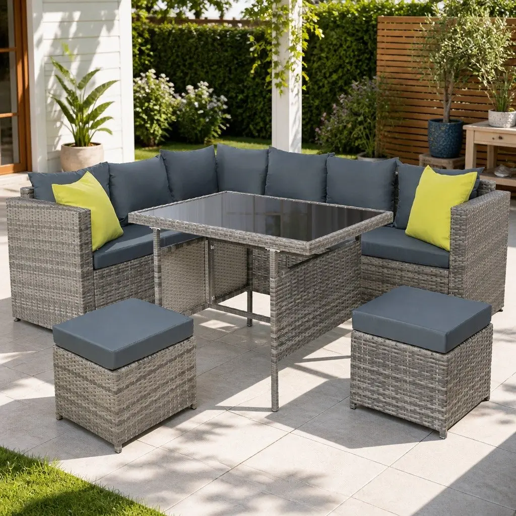 Outdoor Dining Sofa Set Grey Wicker Aluminum Frame Table Chairs Garden Furniture