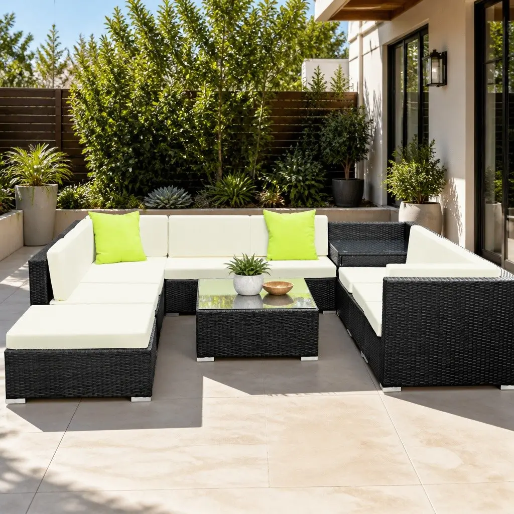 11 Piece Outdoor Wicker Sofa Set Black Lounge Furniture with Cushions and Storage Cover