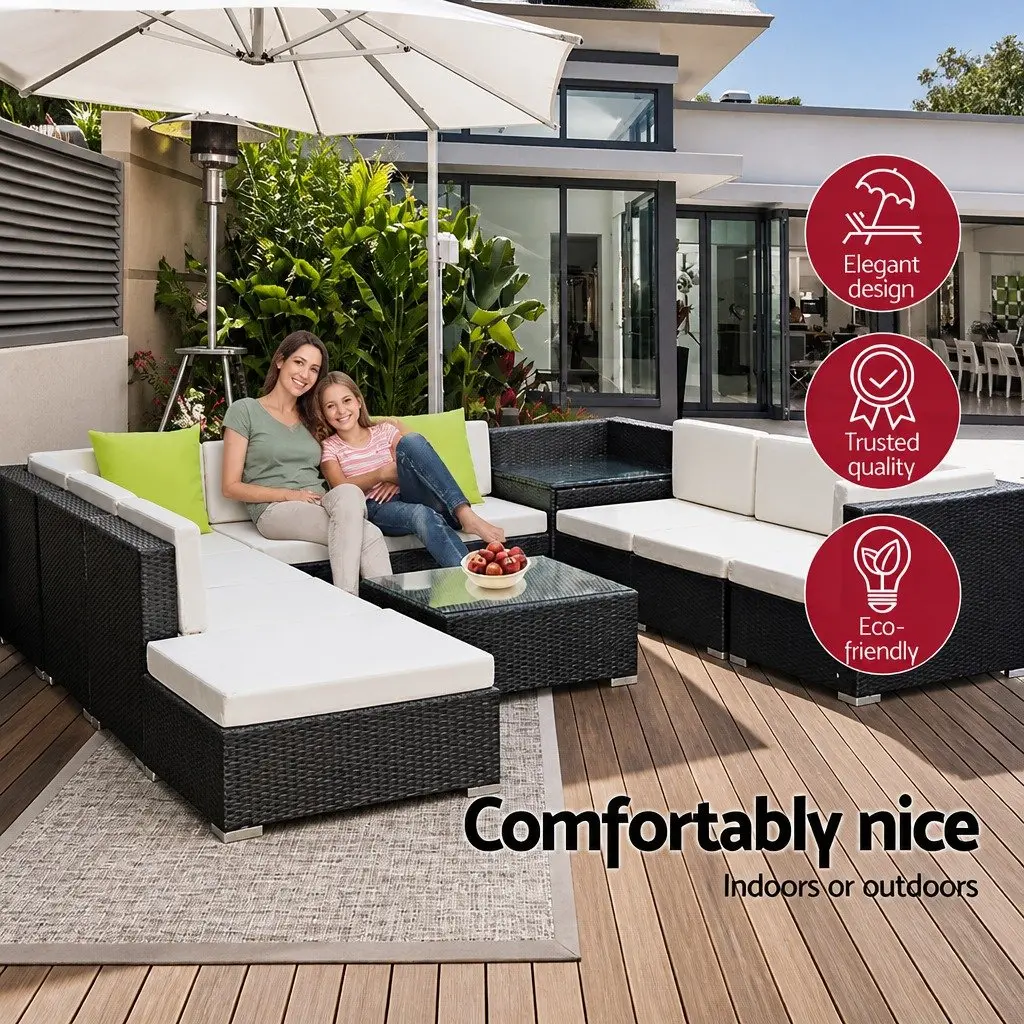 11 Piece Outdoor Wicker Sofa Set Black Lounge Furniture with Cushions and Storage Cover