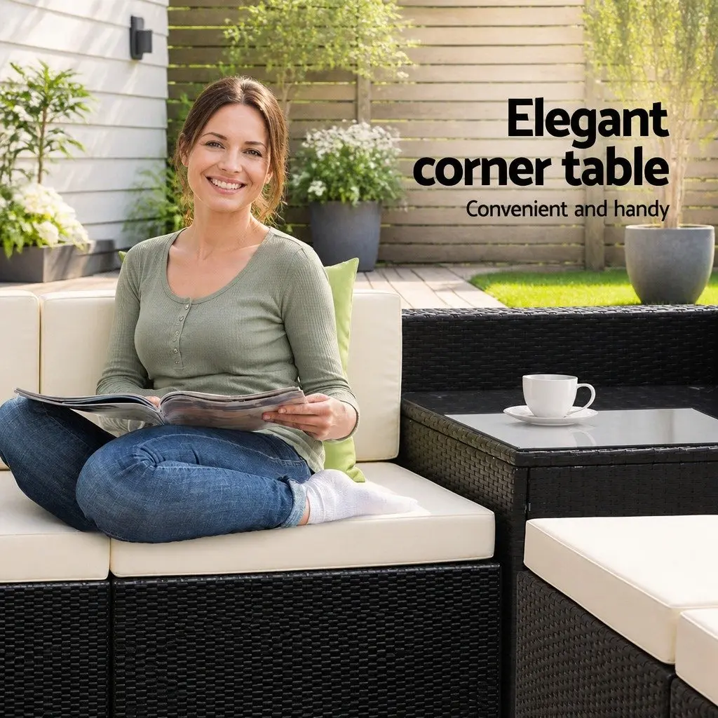 11 Piece Outdoor Wicker Sofa Set Black Lounge Furniture with Cushions and Storage Cover