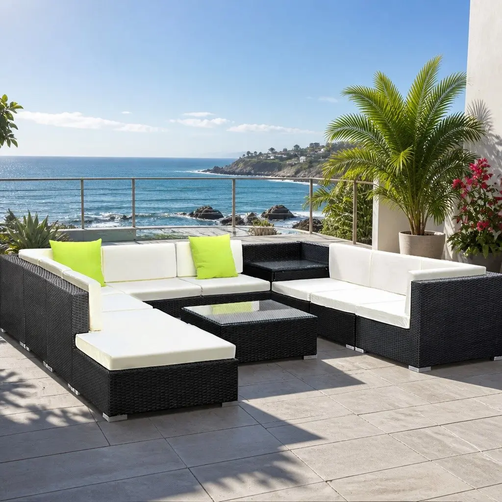 11 Piece Outdoor Wicker Sofa Set Black Lounge Furniture with Cushions and Storage Cover