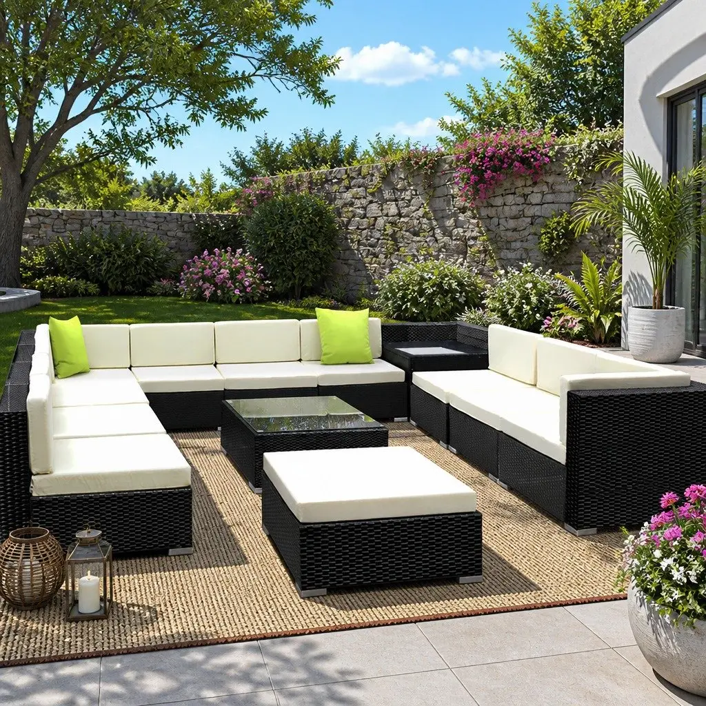 13 Piece Modular Outdoor Lounge Set Wicker Sofa Couch Armchair Corner Table Black Beige Lime Green