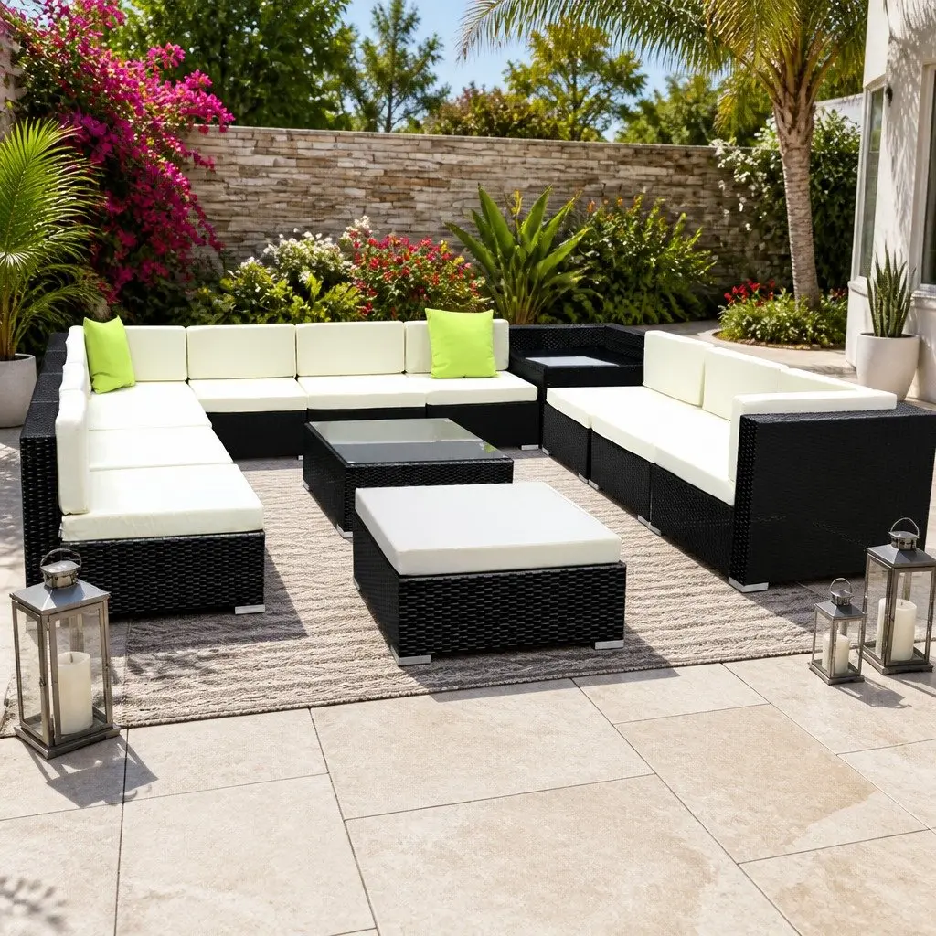 13 Piece Modular Outdoor Lounge Set Wicker Sofa Couch Armchair Corner Table Black Beige Lime Green